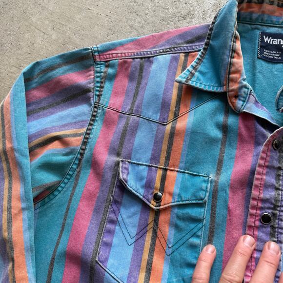 Vintage 90's Wrangler Striped Brushpopper Western Blue Pearl Snap Shirt Sz XL - Picture 3 of 6